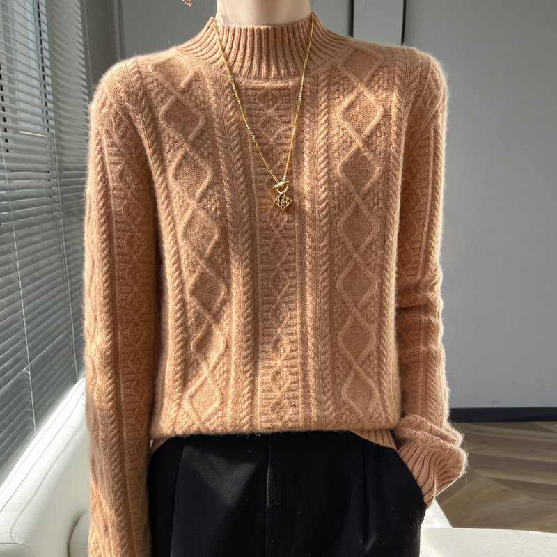 Damen Kuscheliger Mohair‑Optik Mockneckpullover mit Rautenzopfstruktur und kastiger Silhouette Echoarchiv