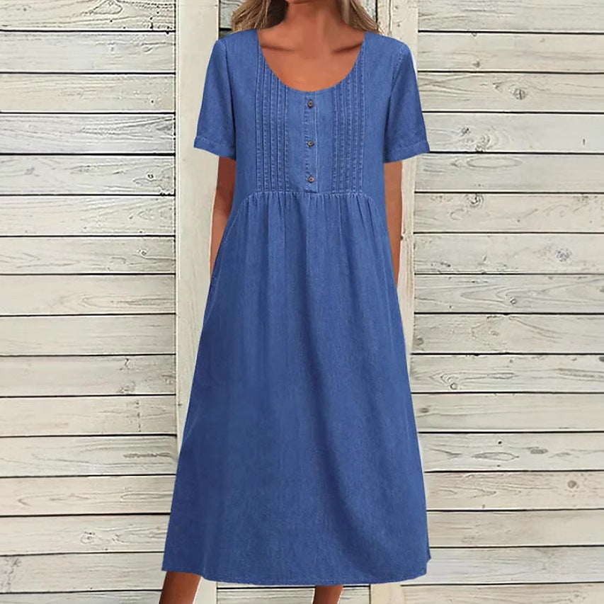 Damen nan locker sitzendes Midikleid im Denim-Look mit Rundhalsausschnitt, Brustbiesen und seitlichen Eingrifftaschen Echo Archiv