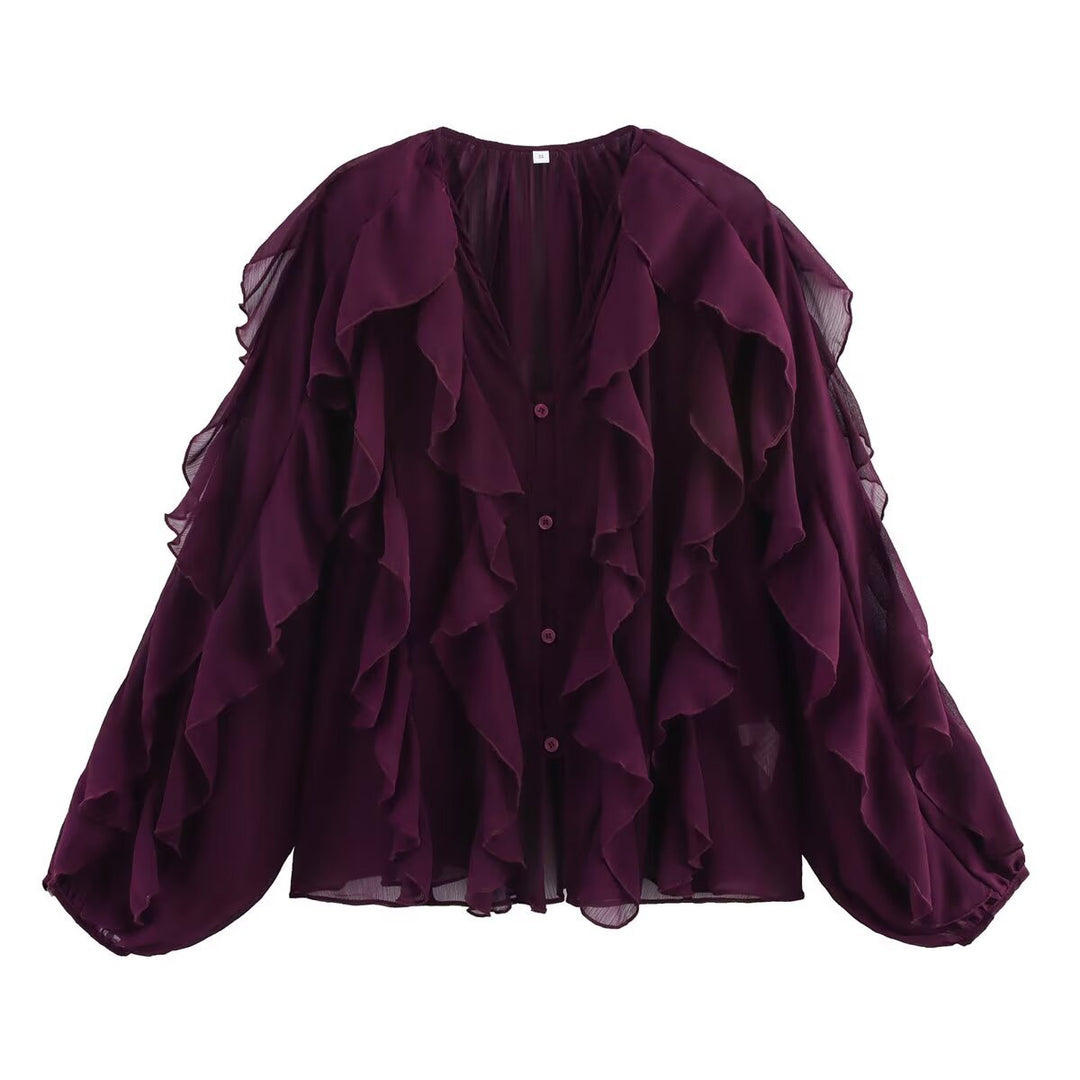 Damen transparente Chiffonbluse mit mehrlagigen Volants, weiten Ballonärmeln und durchgehender Knopfleiste – Élovi