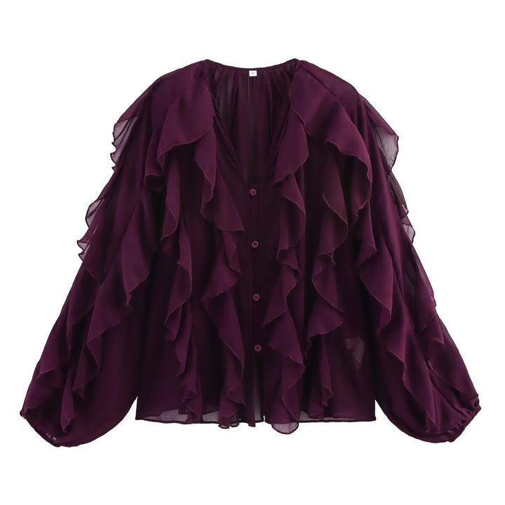 Damen transparente Chiffonbluse mit mehrlagigen Volants, weiten Ballonärmeln und durchgehender Knopfleiste – Élovi