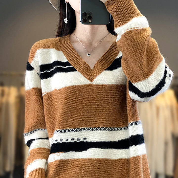 Damen Oversize-Strickpullover mit V‑Ausschnitt und grafischem Streifenmix Echoarchiv