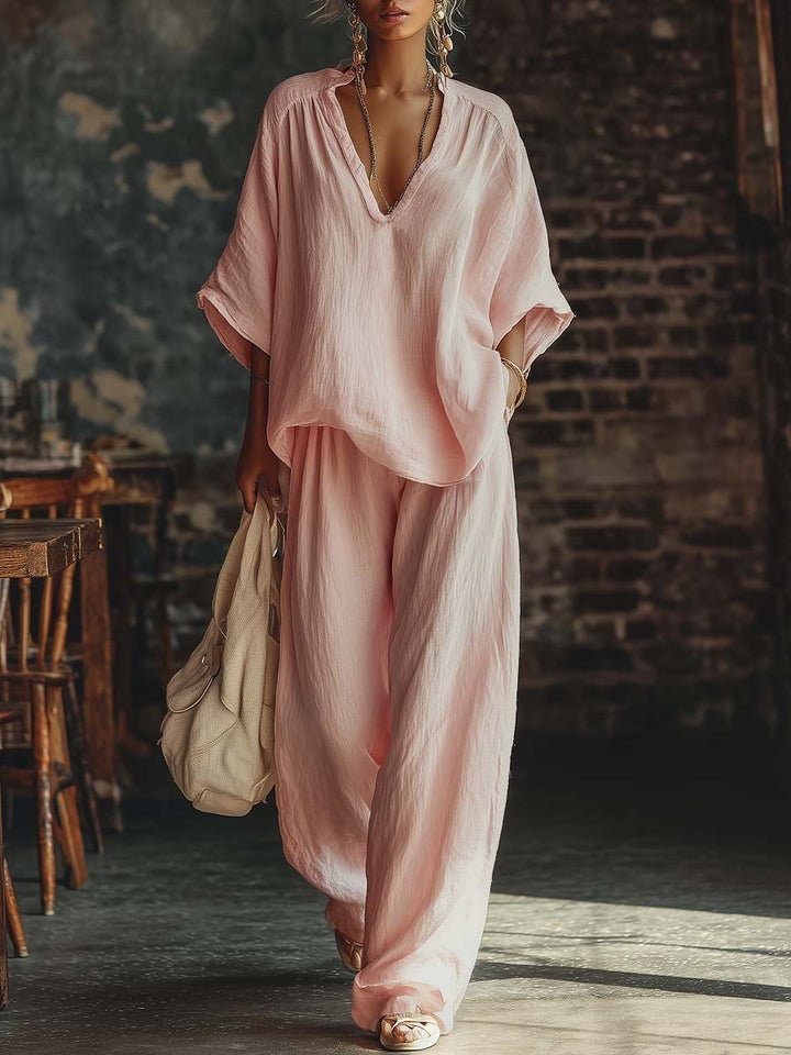 Damen nan lässiges zweiteiliges Leinenoptik-Set mit tiefem V-Ausschnitt, Oversize-Bluse und weitem Palazzo-Hosen Echo Archiv