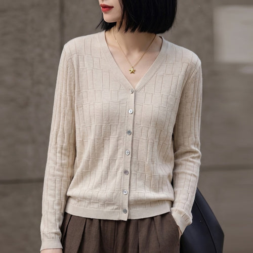 Damen V‑Ausschnitt-Feinstrickcardigan mit strukturierter Blockoptik und durchgehender Knopfleiste Echoarchiv