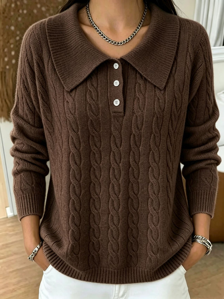 Damen Kabelstrick-Polo-Pullover mit großem Umlegekragen und lockerer Silhouette – Mavelle