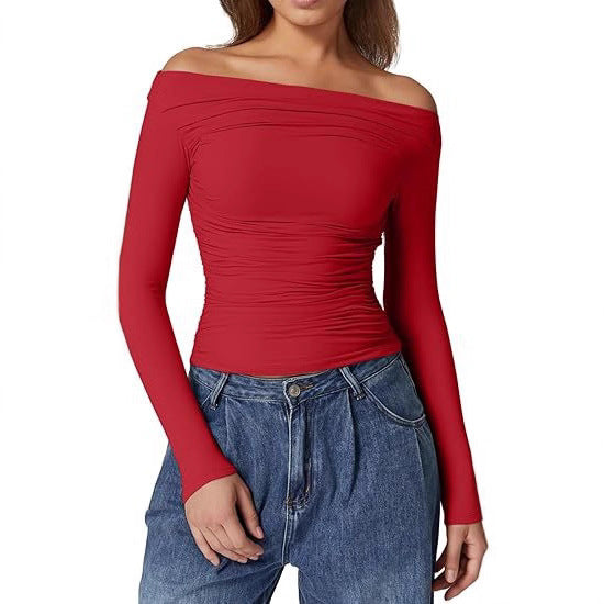 Damen Schulterfreies tailliertes Stretch-Longsleeve mit Raffung und figurbetonter Silhouette – Avérine