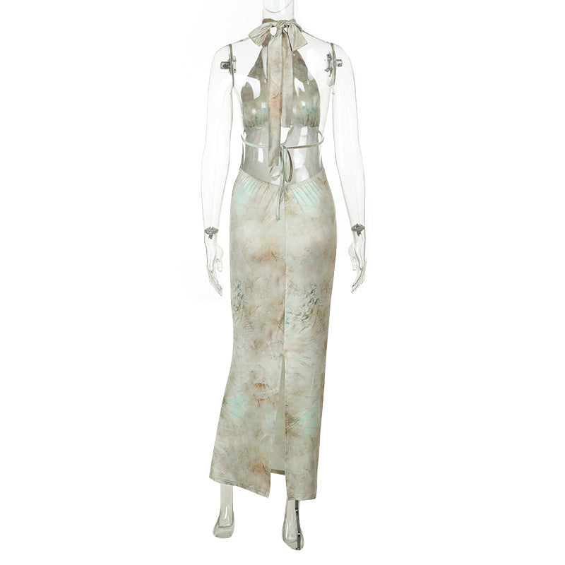 Damen elegantes Maxikleid mit kreativem Schlitz und schimmerndem Wasserfallausschnitt Echo Archiv