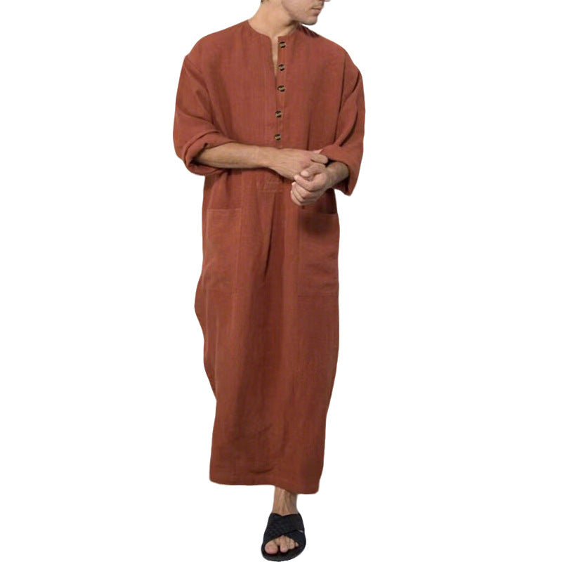 Herren nan weites langes Tunika-Kaftan aus atmungsaktivem Leinen mit Stehkragen Knopfblende und aufgesetzten Taschen Echoarchiv
