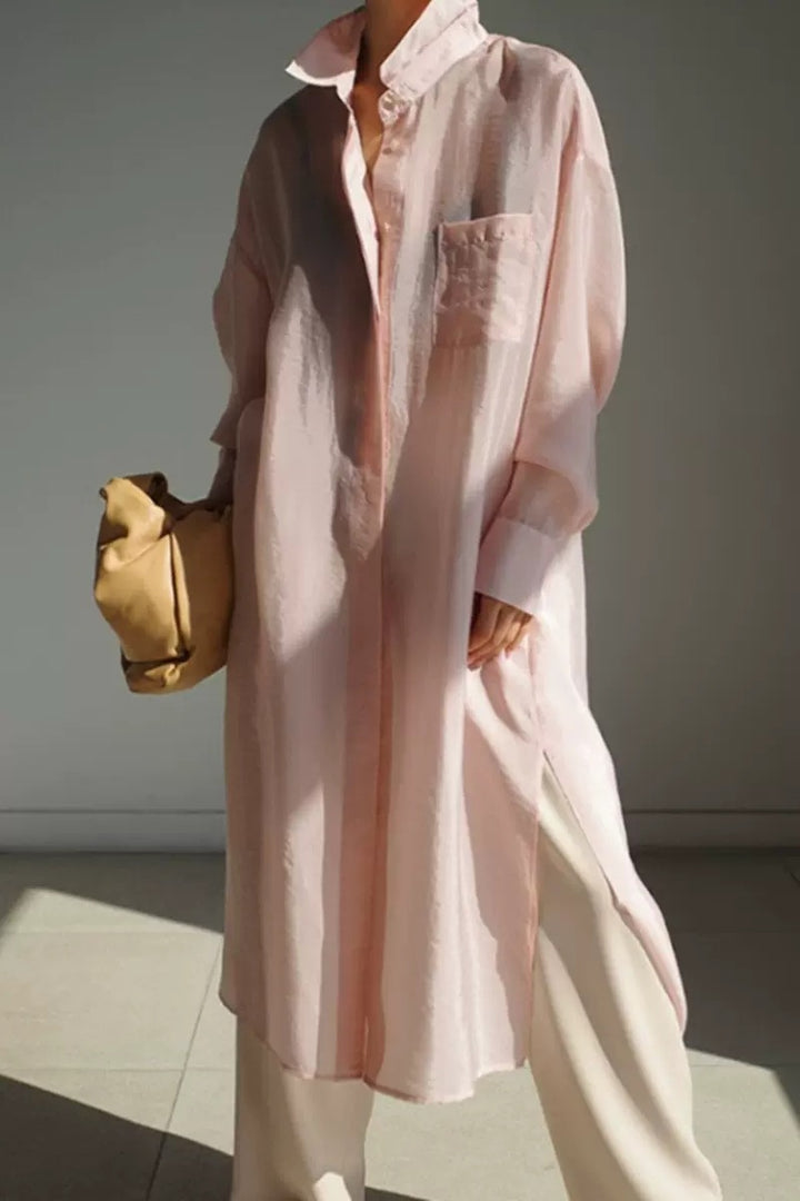 Damen Oversize Hemdblusen-Mantel mit Brusttasche, Seitenschlitz und fließender Leinenoptik – Maréline
