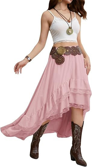 Damen Boho Maxi-Rock mit asymmetrischem Saum und Spitzenverzierungen Echo Archiv