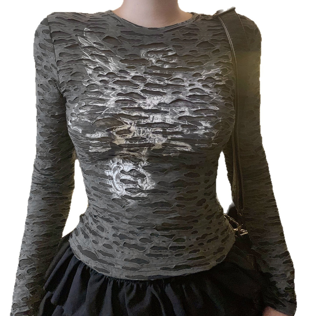 Damen Figurbetontes strukturiertes Langarmshirt mit metallischem Skelettprint Echo Archiv