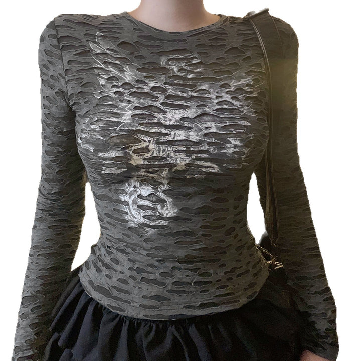 Damen Figurbetontes strukturiertes Langarmshirt mit metallischem Skelettprint Echo Archiv