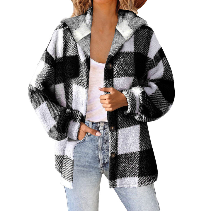 Damen nan kuschelige karierte Teddyjacke mit Kapuze, Knopfverschluss und oversized Schnitt Echo Archiv