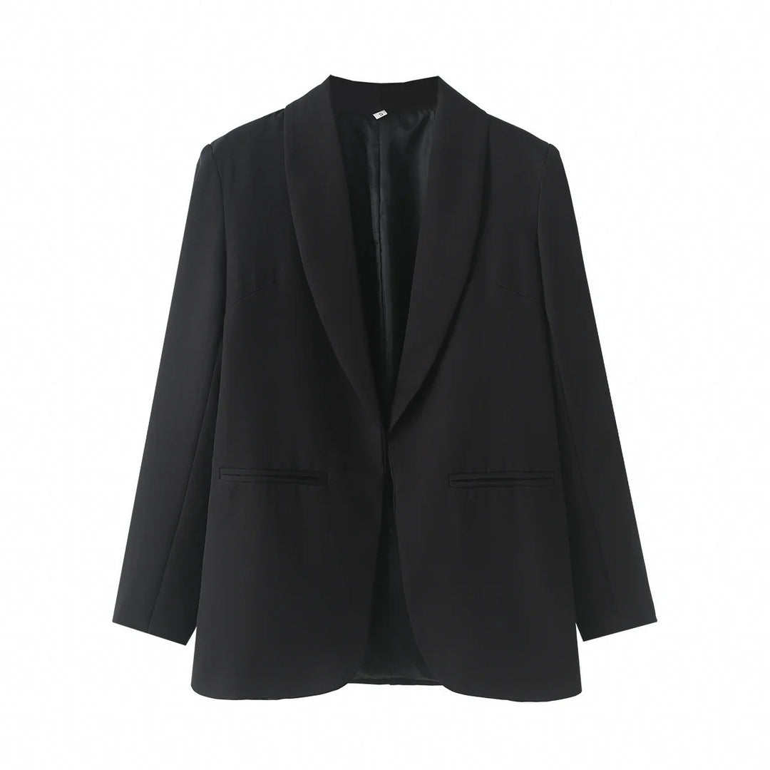 Damen eleganter Longblazer mit Schalkragen, unstrukturiertem Fall und paspelierten Leistentaschen – Valéne