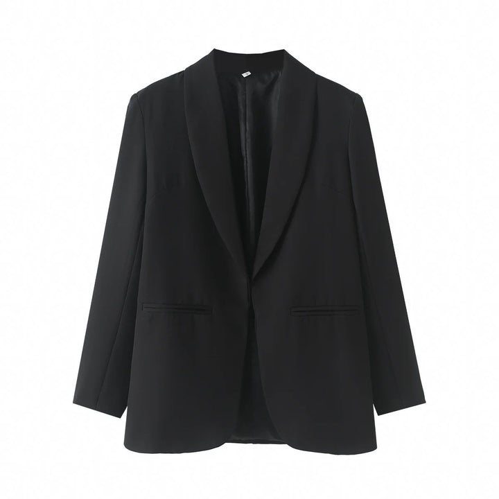 Damen eleganter Longblazer mit Schalkragen, unstrukturiertem Fall und paspelierten Leistentaschen – Valéne