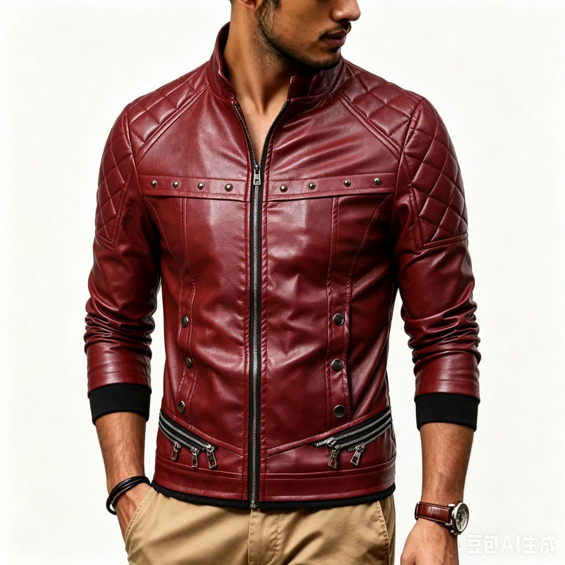 Herren Biker-Lederjacke mit gesteppter Schulter, voluminösem Fellkragen und Zierreißverschlüssen Echo Archiv