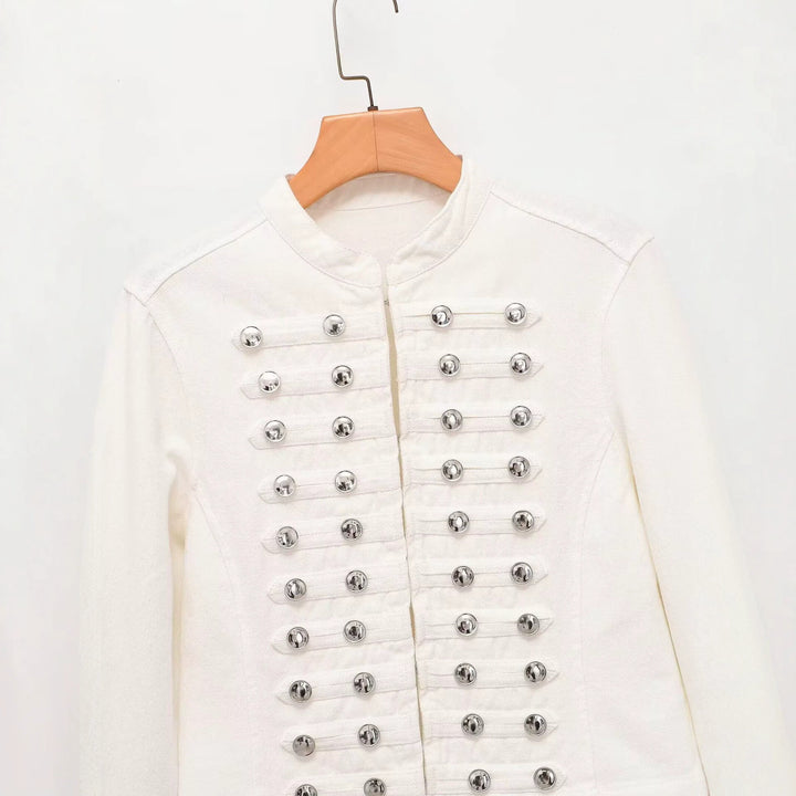 Damen Jeansjacke im Militärstil mit Stehkragen und dekorativen Zierknopfleisten Echoarchiv