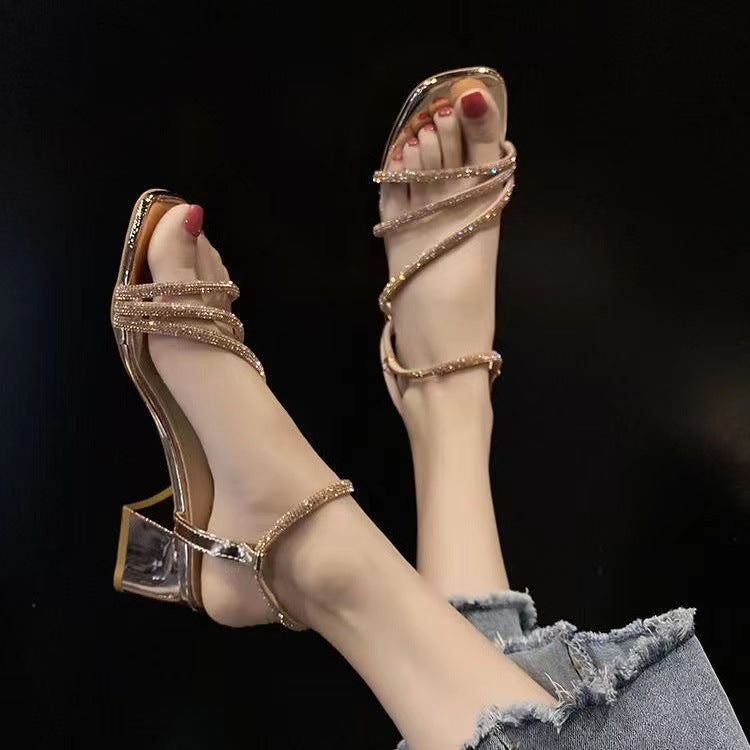 Damen Elegante Strass‑Riemchen Sandaletten mit quadratischer Zehenbox und stabilem Blockabsatz – Sorelia