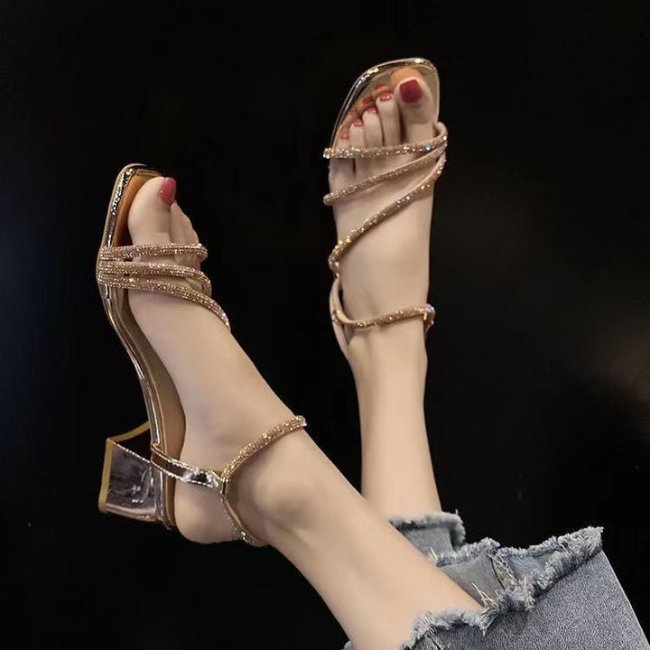Damen Elegante Strass‑Riemchen Sandaletten mit quadratischer Zehenbox und stabilem Blockabsatz – Sorelia