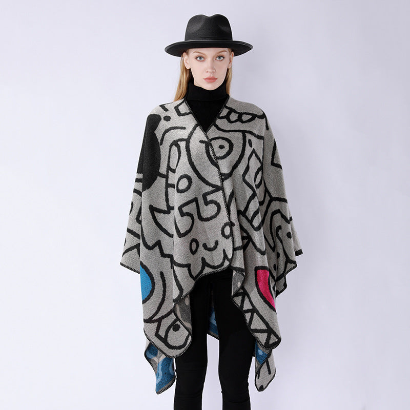 Damen Oversize-Poncho im künstlerischen Print mit zweifarbiger Kantenverarbeitung und asymmetrischem Zipfelsaum – Veloura