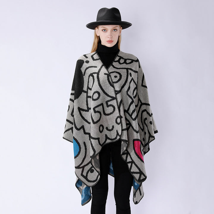 Damen Oversize-Poncho im künstlerischen Print mit zweifarbiger Kantenverarbeitung und asymmetrischem Zipfelsaum – Veloura
