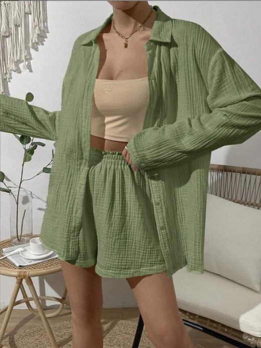 Damen nan luftig-leichter Zweiteiler Lounge-Set aus Baumwoll-Gauze mit Hemdbluse und elastischer Taillen-Shorts Echo Archiv