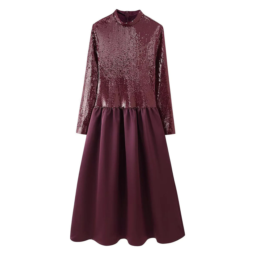 Damen festliches Maxikleid mit Paillettenoberteil, Stehkragen, langen Ärmeln und gerafftem Taillenrock – Valéora