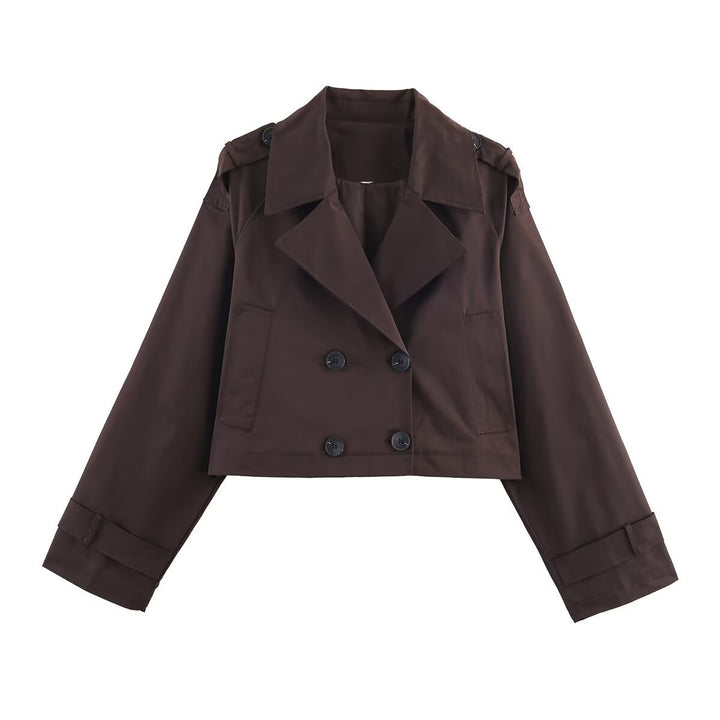 Damen Cropped Doppelreiher-Trenchjacke mit weitem Revers, Epauletten und boxy Schnitt Echo Archiv