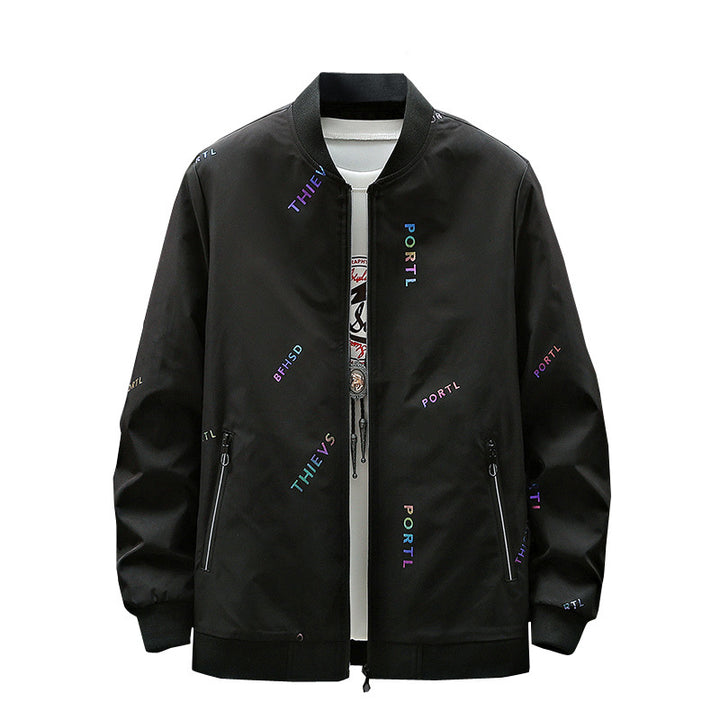 Herren Modische Bomberjacke mit Schriftzügen Echo Archiv