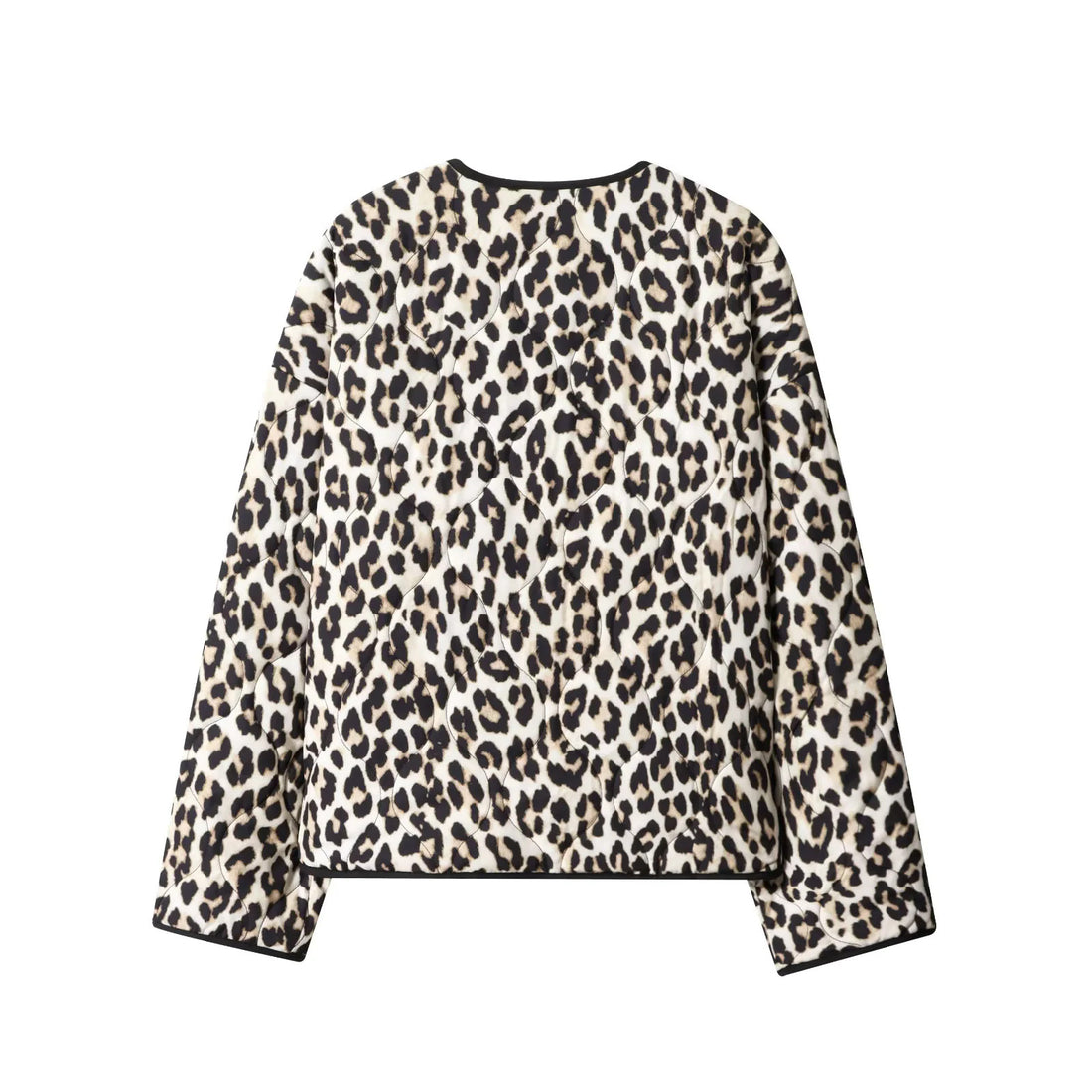 Damen gesteppte Kurzjacke mit animalischem Print, Rundhalsausschnitt und Druckknopfleiste – Célinea