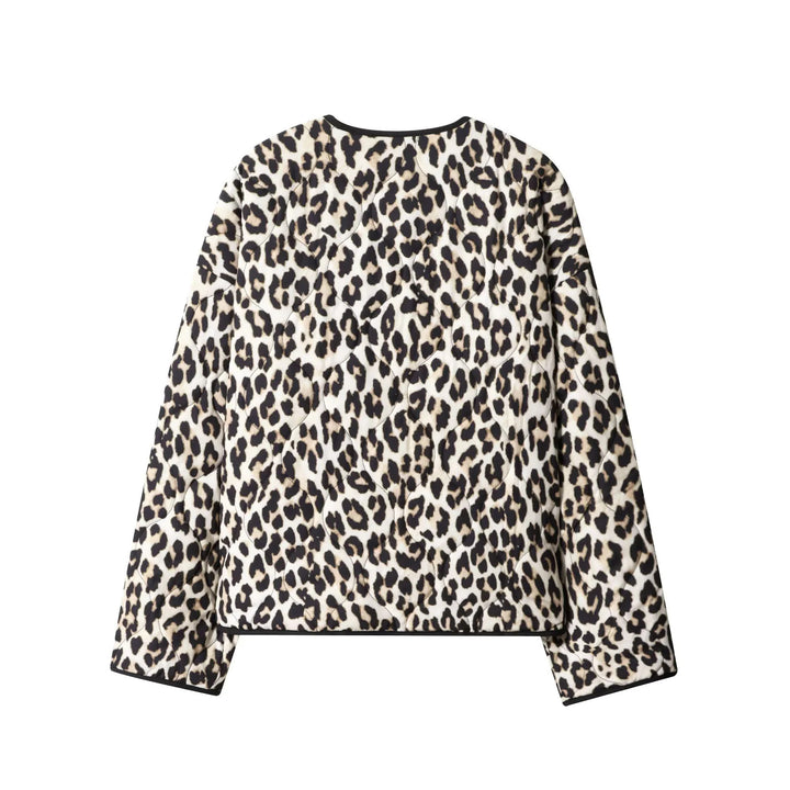 Damen gesteppte Kurzjacke mit animalischem Print, Rundhalsausschnitt und Druckknopfleiste – Célinea