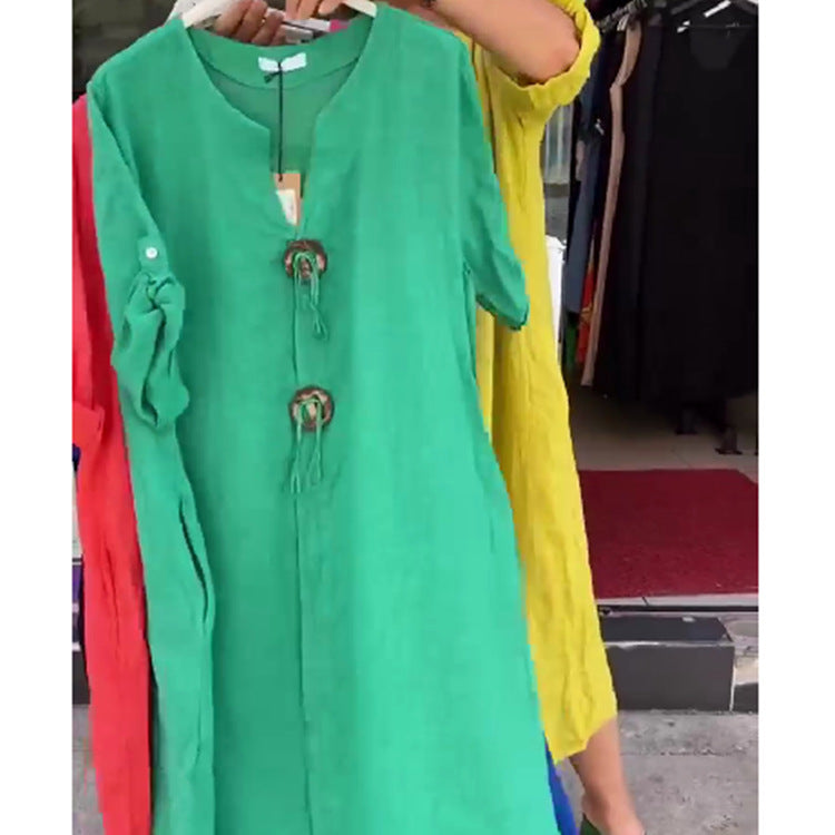 Damen Lange Leinen Look Kaftan Kleid mit Holerring Dekorbändchen und Roll-Up Drei-Viertel Ärmeln – Valéora
