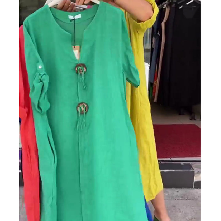 Damen Lange Leinen Look Kaftan Kleid mit Holerring Dekorbändchen und Roll-Up Drei-Viertel Ärmeln – Valéora