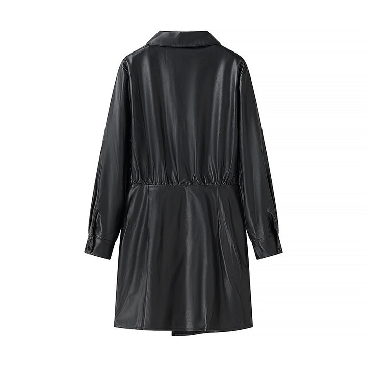 Damen Wickel-Kunstleder-Minikleid mit Hemdkragen, geraffter Taillenpartie und Manschetten Echo Archiv