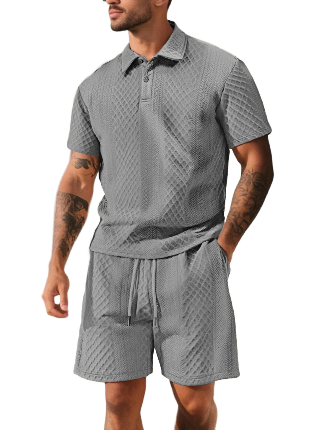 Herren nan strukturiertes Poloshirt- und Bermudashorts-Set aus gesteppter Baumwollmischung Echo Archiv