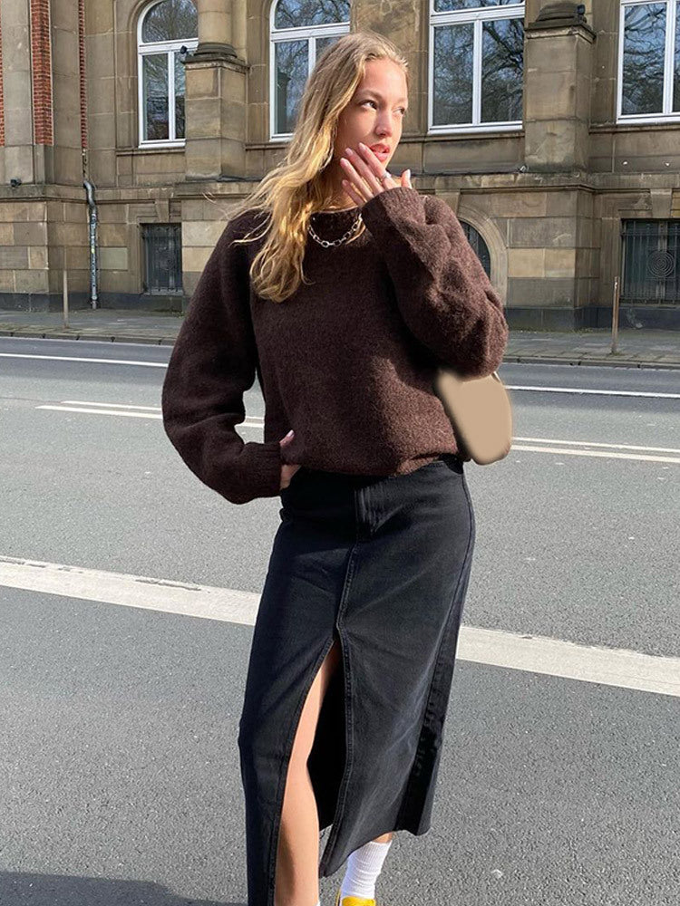 Damen Denim-Midirock mit hoher Taille, Frontschlitz und geradem Schnitt Echoarchiv
