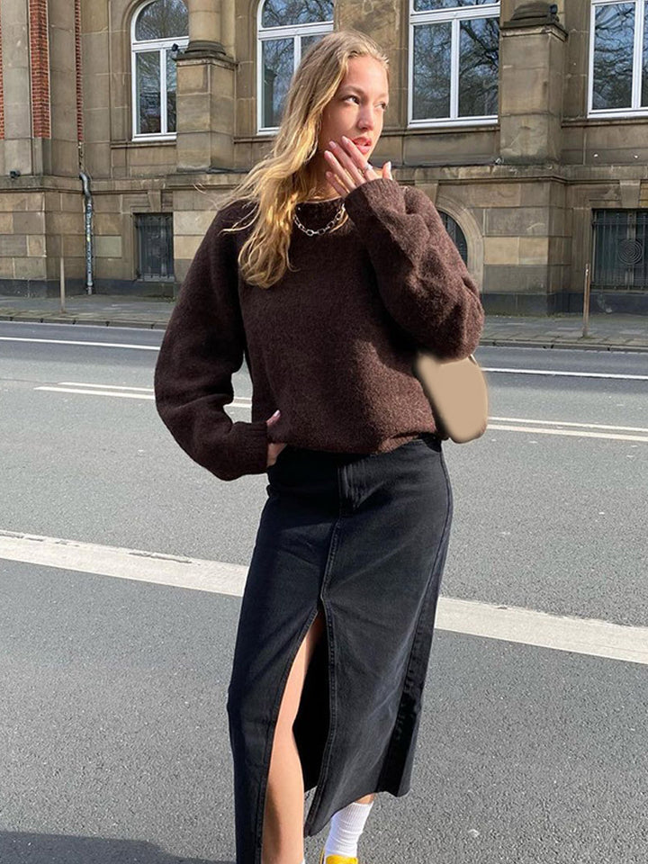 Damen Denim-Midirock mit hoher Taille, Frontschlitz und geradem Schnitt Echoarchiv