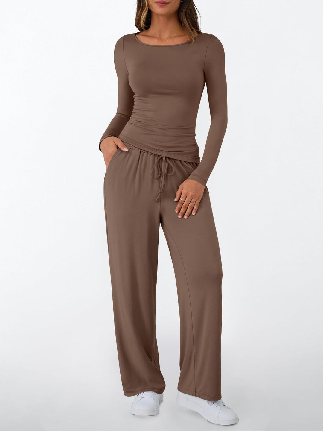 Damen Figurnahes Langarm-Shirt und Palazzo-Jerseyhose Loungewear-Set – Avérine