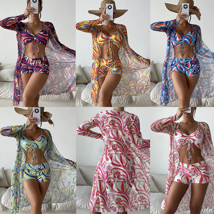 Damen Strandanzug mit leichtem Kimono und buntem Unterteil Echo Archiv