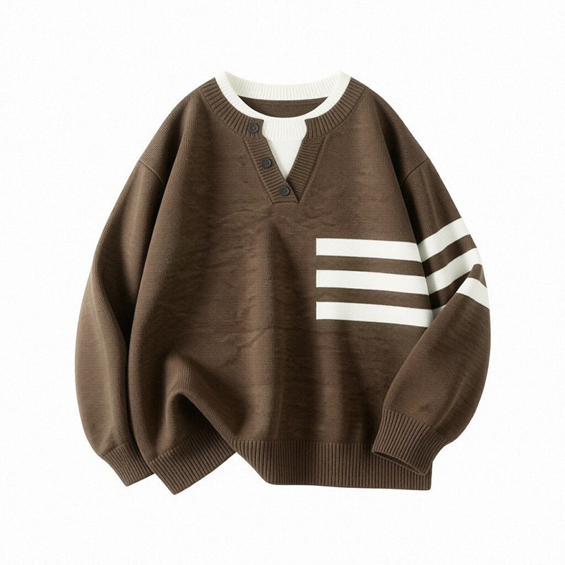 Damen Sportlicher Oversize Pullover mit Knopfleiste und Streifen Echo Archiv