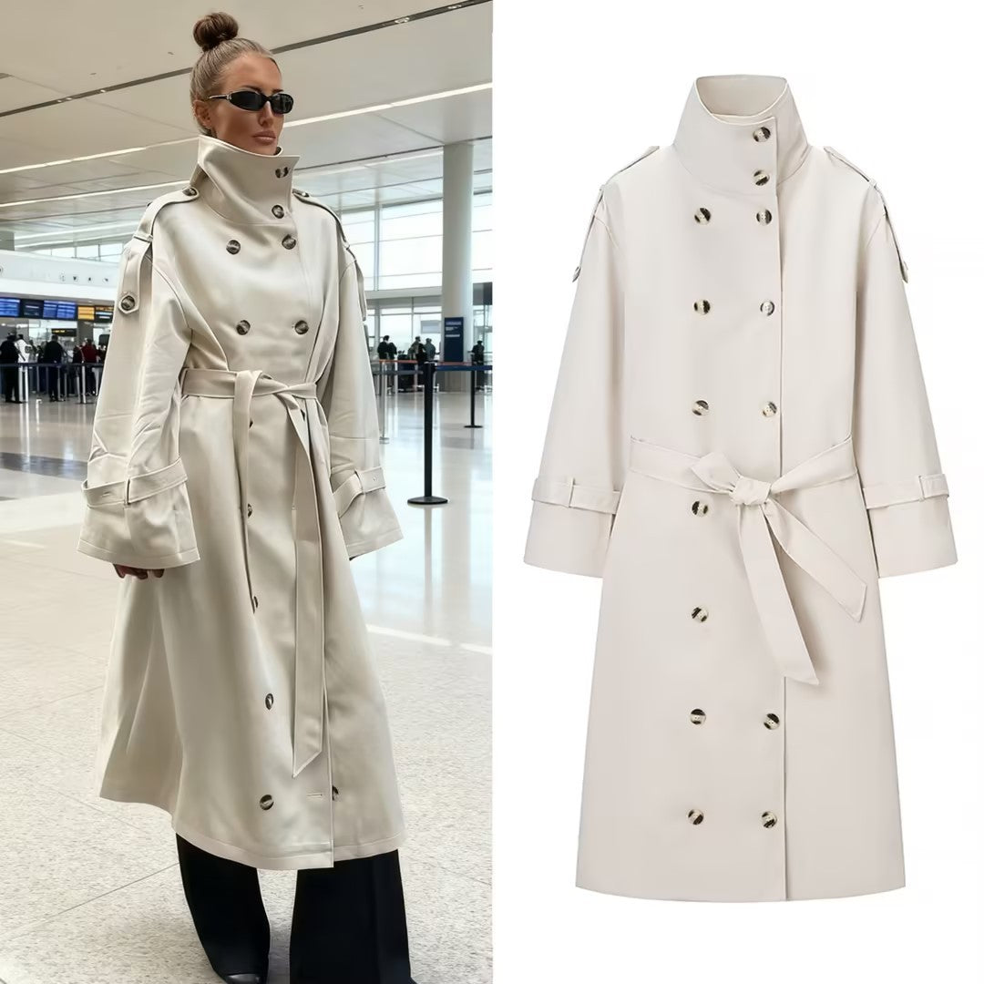 Damen Langer doppeltgereihter Trenchcoat mit hohem Stehkragen und Taillengürtel Echo Archiv