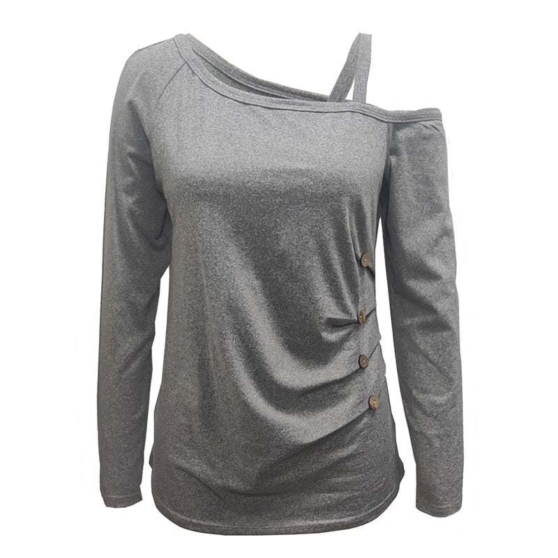 Damen asymmetrisches Langarmshirt mit One-Shoulder, Raffung und Zierknöpfen – Avérine