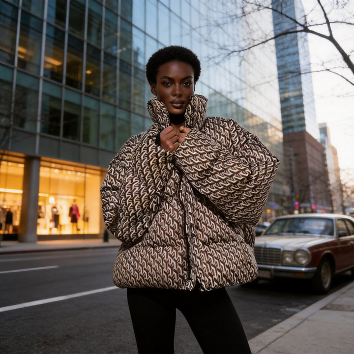 Damen Oversize Stepp‑Winterjacke mit hohem Stehkragen und geometrischem Allover‑Muster Echo Archiv