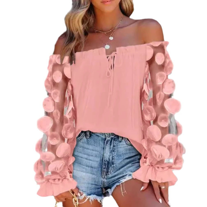Damen nan schulterfreies Carmen-Top mit transparenten Organza-Ärmeln, kreisförmigen Applikationen und Volantmanschetten Echo Archiv