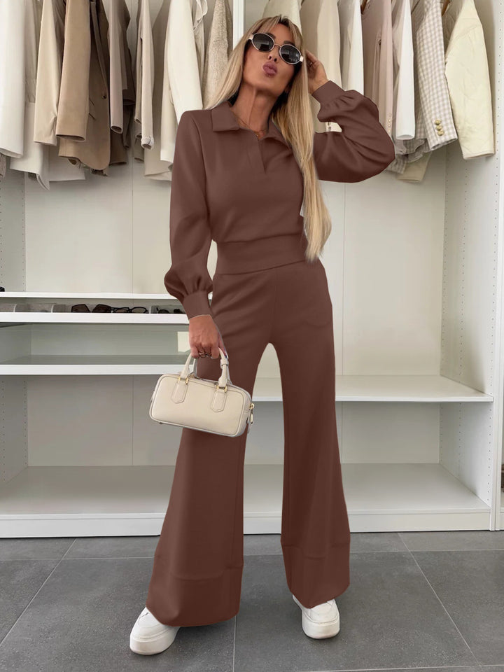 Damen Zweiteiliges Lounge-Set mit Polokragen und taillenhoher Palazzohose Echoarchiv