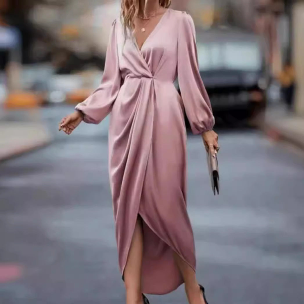 Damen nan elegantes Satin-Midikleid mit Twist-Taille V-Ausschnitt und Ballonärmeln Echo Archiv