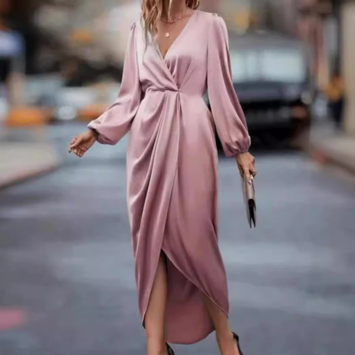 Damen nan elegantes Satin-Midikleid mit Twist-Taille V-Ausschnitt und Ballonärmeln Echo Archiv