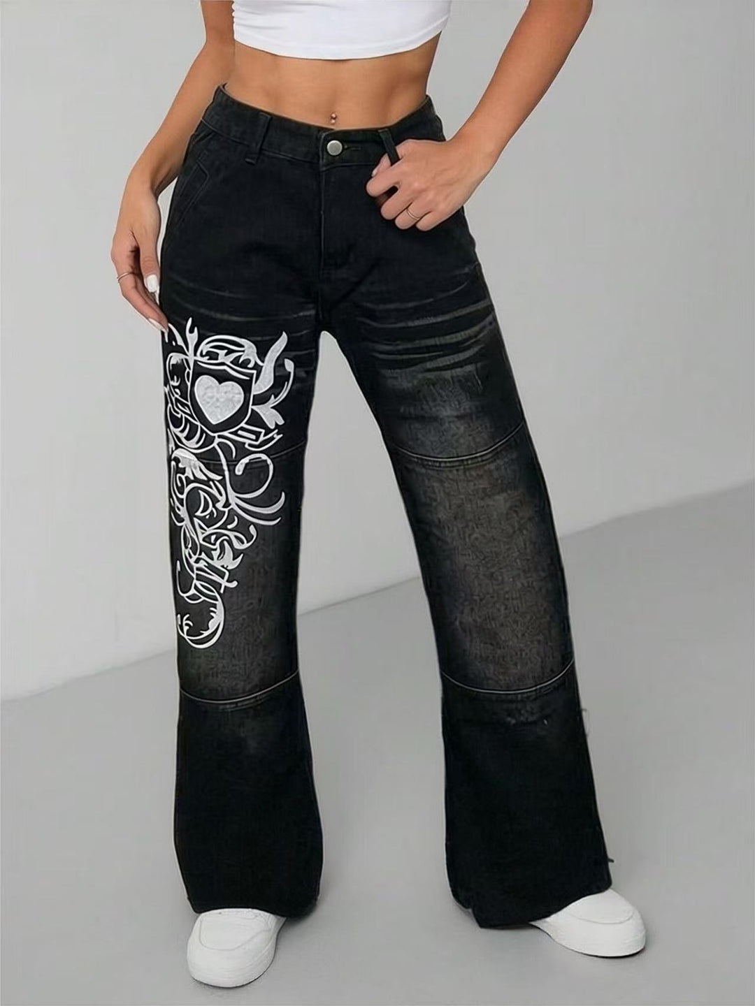 Damen weite Jeans mit kunstvollem Aufdruck Echo Archiv
