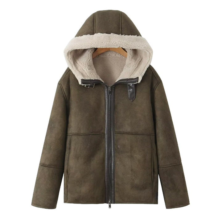 Damen Kapuzen-Lammfellimitat-Bomberjacke mit Teddyfutter und Reißverschluss Echo Archiv