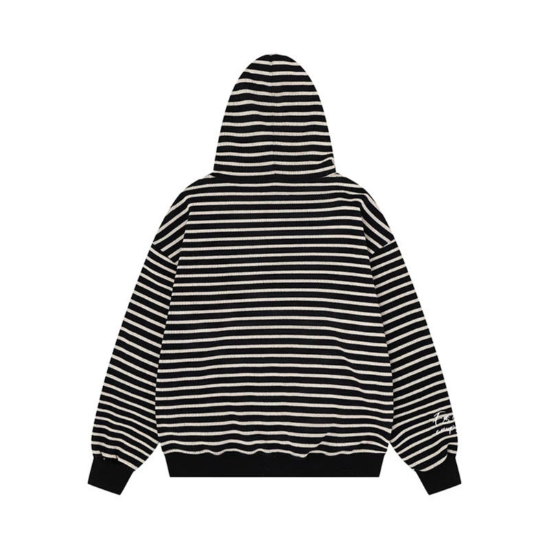 Unisex Leichter gestreifter Kapuzen‑Zipcardigan im Oversize‑Fit aus geripptem Baumwollmix Echoarchiv