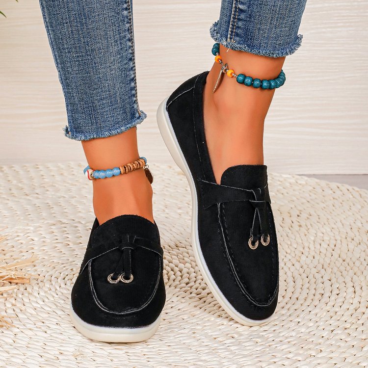 Damen Slipper-Loafer aus Velourslederoptik mit dekorativem Knotenriemen und leicht profilierter Gummisohle – Lioré
